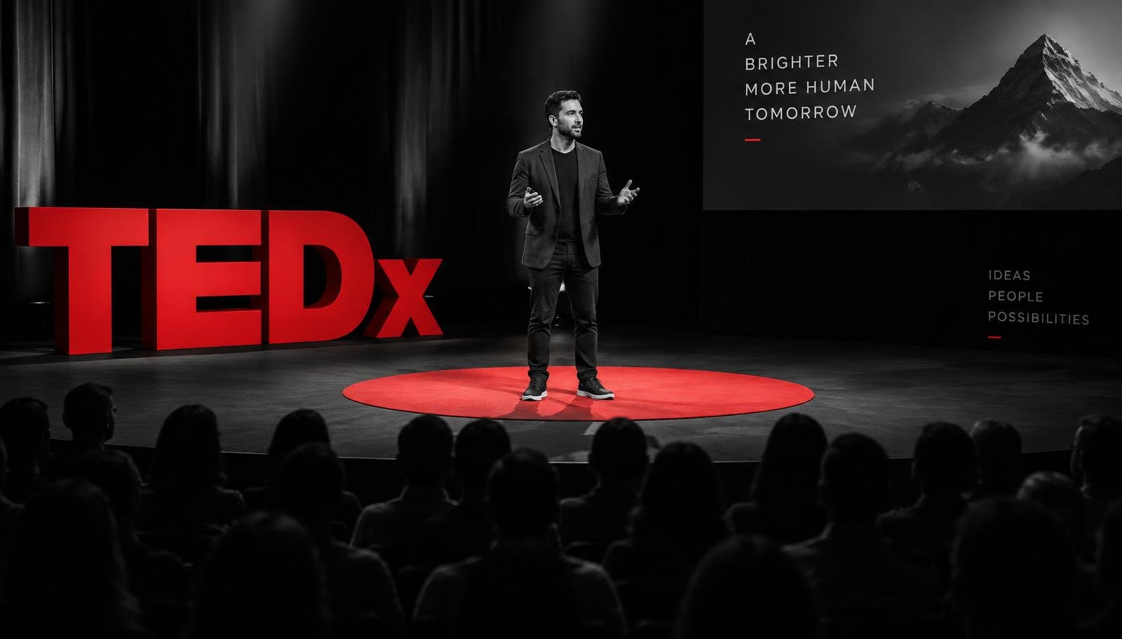 TEDx stage with red TEDx letters, a speaker on the red circle carpet and the audience in silhouette